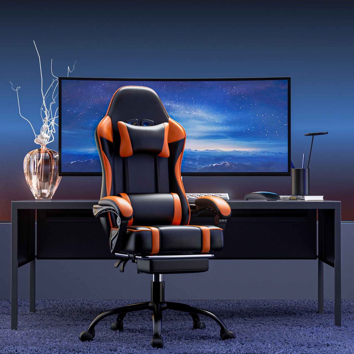 Video Game Chairs for Adults, PU Leather Gaming Chair with Footrest, 360°Swivel Adjustable Lumbar Pillow Gamer Chair, Comfortable Computer Chair for Heavy People