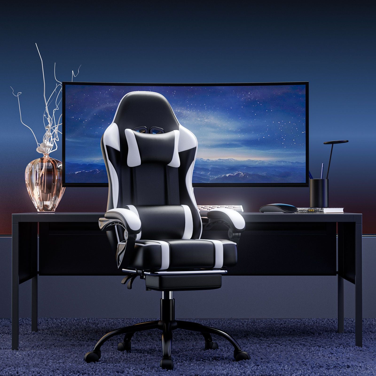 Video Game Chairs for Adults, PU Leather Gaming Chair with Footrest, 360°Swivel Adjustable Lumbar Pillow Gamer Chair, Comfortable Computer Chair for Heavy People