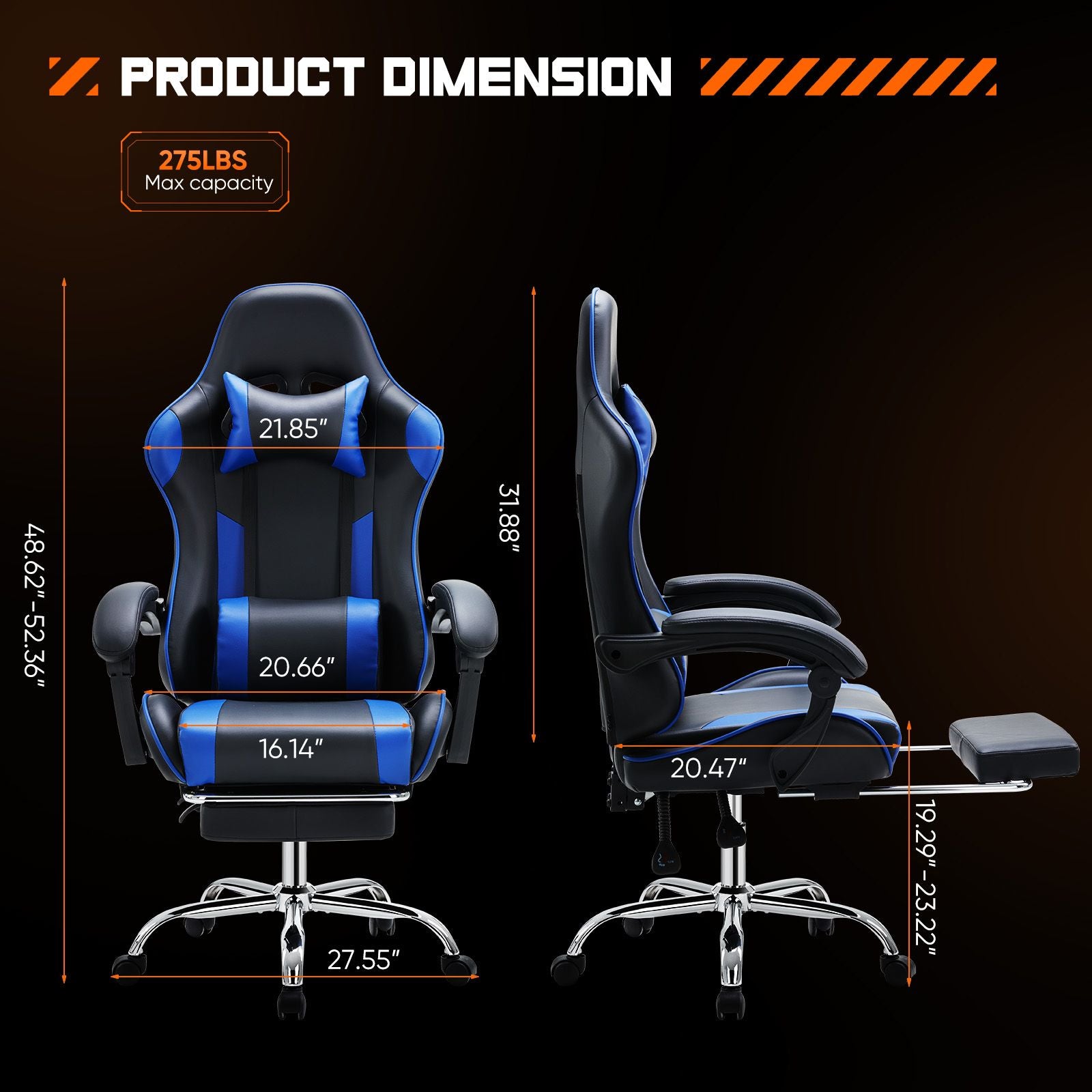 Video Game Desk Chair - Ergonomic Computer with Footrest and Comfy Lumbar Support, PU Leather Recliner with Headrest, Fixed Up Armrest, Height Adjustable with 360° Swivel, for Adults, Blue