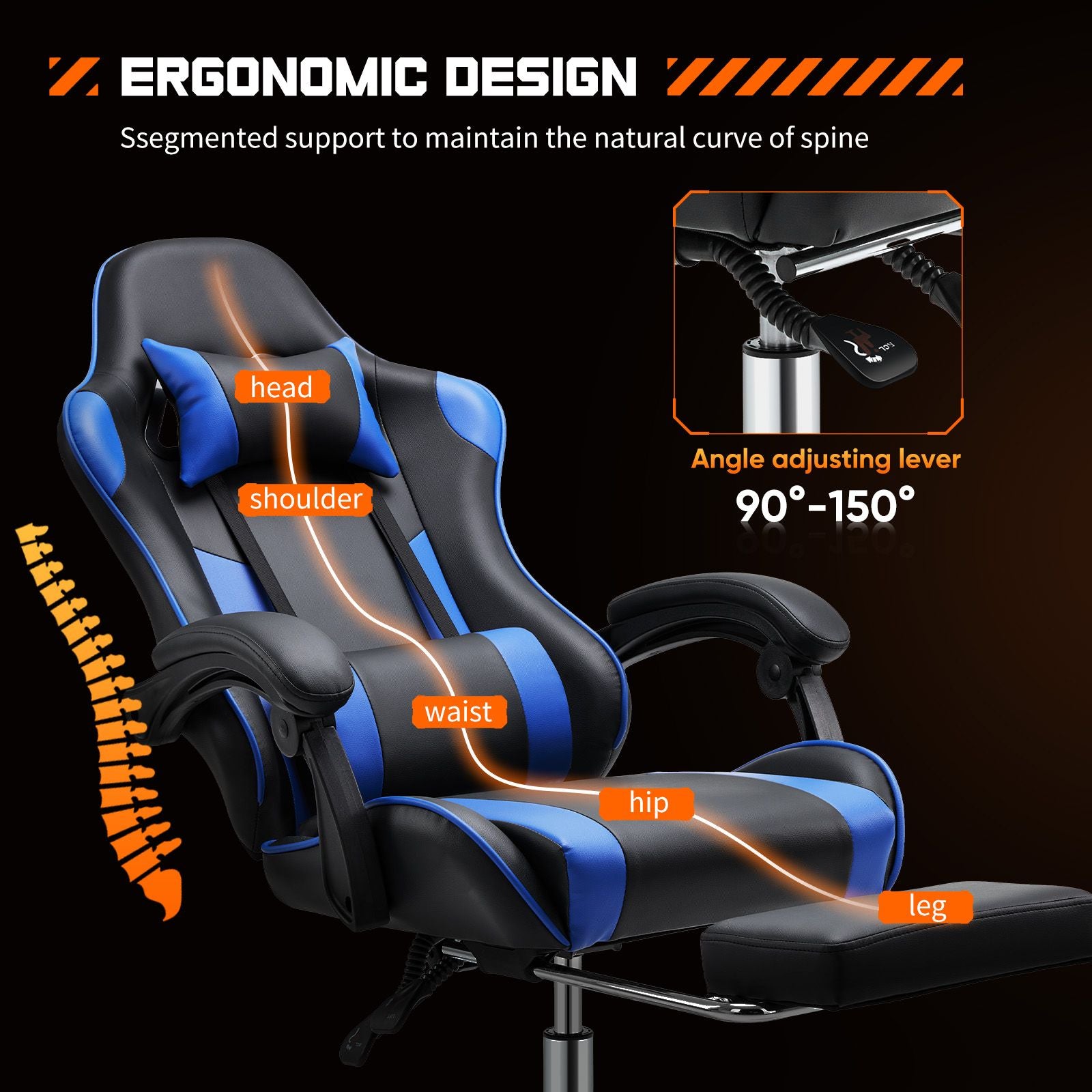 Video Game Desk Chair - Ergonomic Computer with Footrest and Comfy Lumbar Support, PU Leather Recliner with Headrest, Fixed Up Armrest, Height Adjustable with 360° Swivel, for Adults, Blue