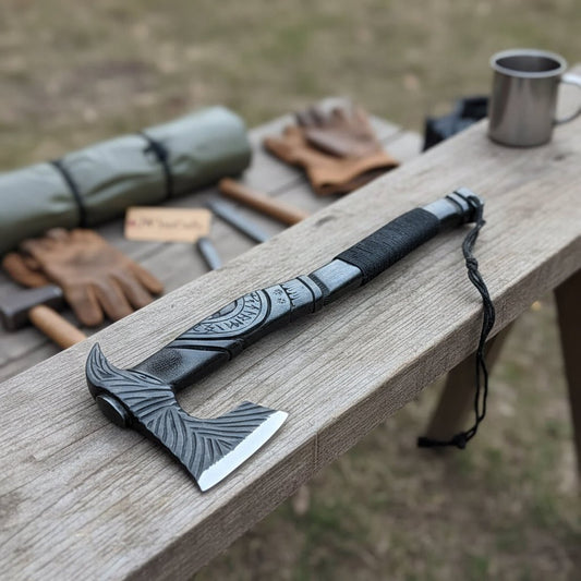 Viking-Style Hand-Carved Battle Axe | Blackened Wood Handle & Leather Sheath