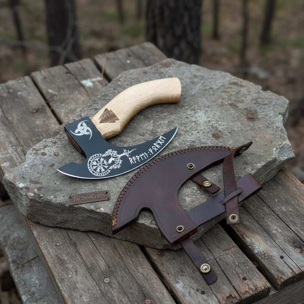 Product: Viking Style Engraved Bearded Axe – Oak Wood Handle