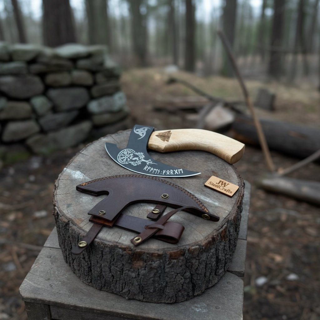 Product: Viking Style Engraved Bearded Axe – Oak Wood Handle