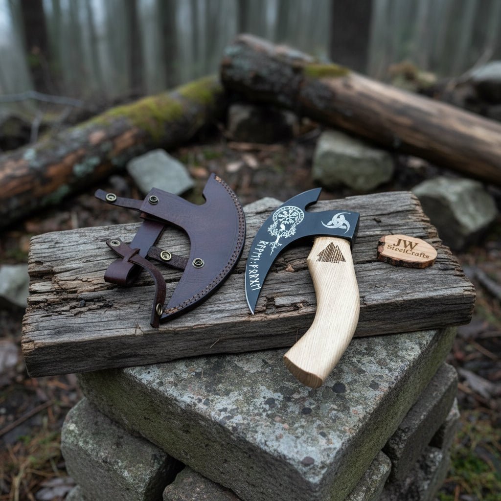 Product: Viking Style Engraved Bearded Axe – Oak Wood Handle