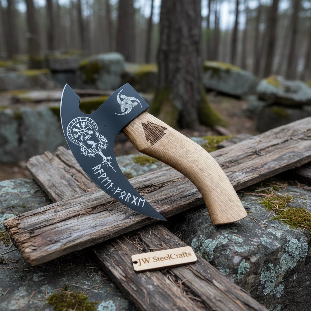 Product: Viking Style Engraved Bearded Axe – Oak Wood Handle