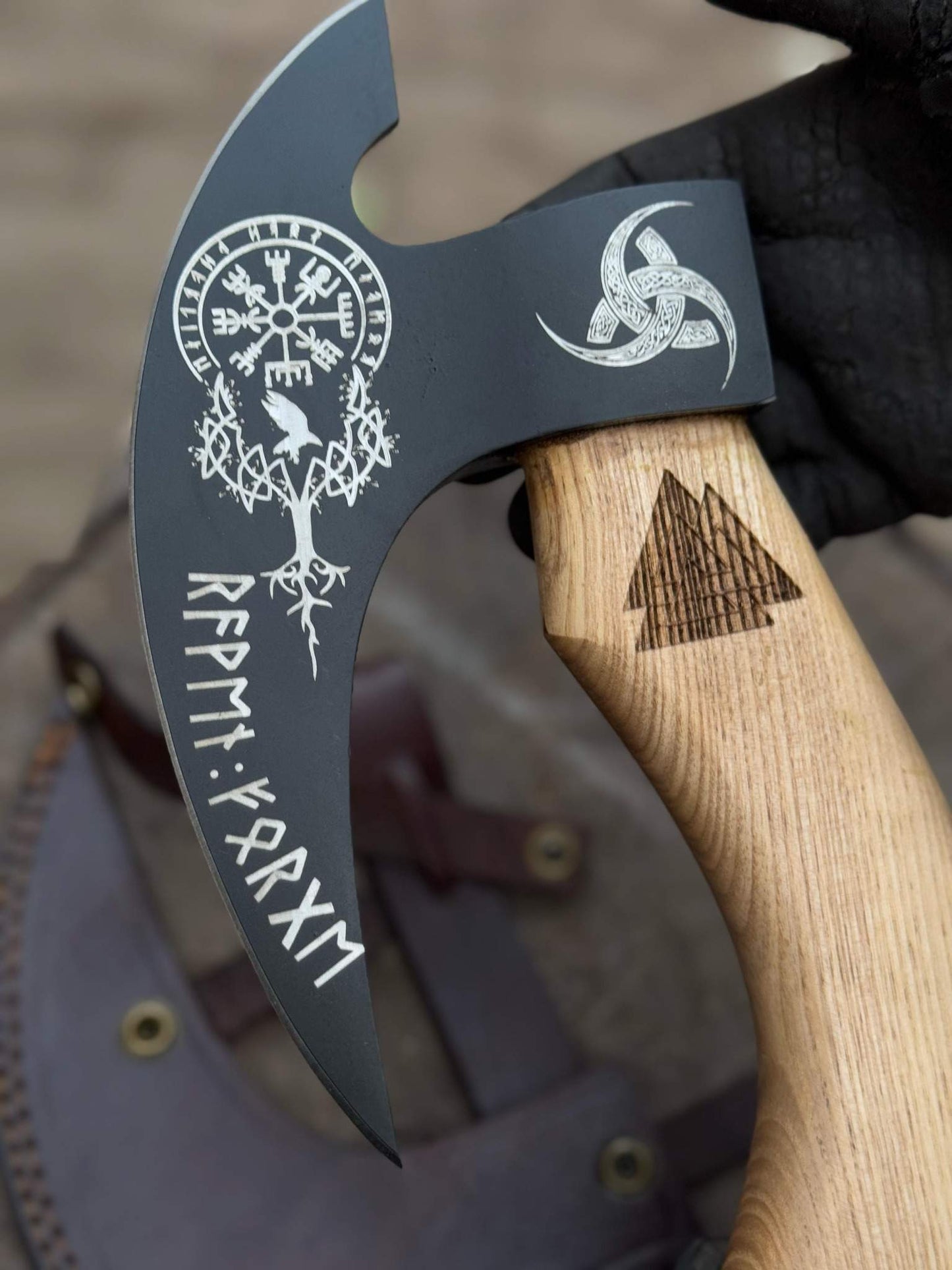 Product: Viking Style Engraved Bearded Axe – Oak Wood Handle