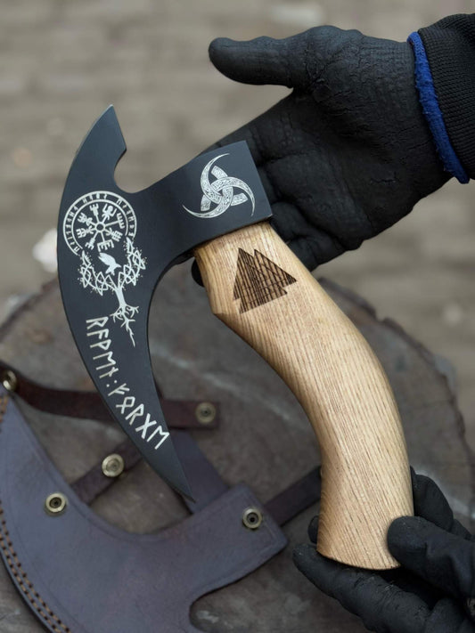 Product: Viking Style Engraved Bearded Axe – Oak Wood Handle