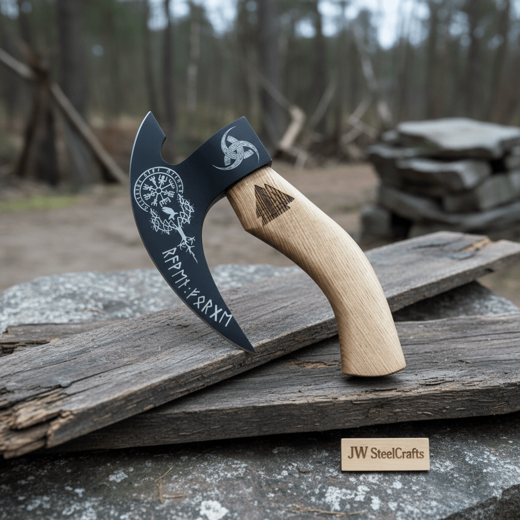 Product: Viking Style Engraved Bearded Axe – Oak Wood Handle