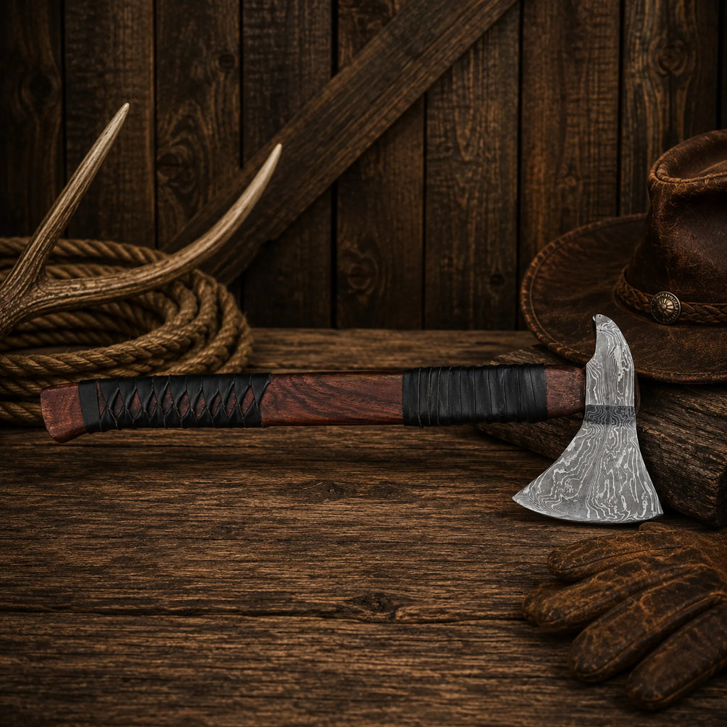 Viking Bearded Axe – 23" Handmade Damascus Steel Axe with Leather Sheath