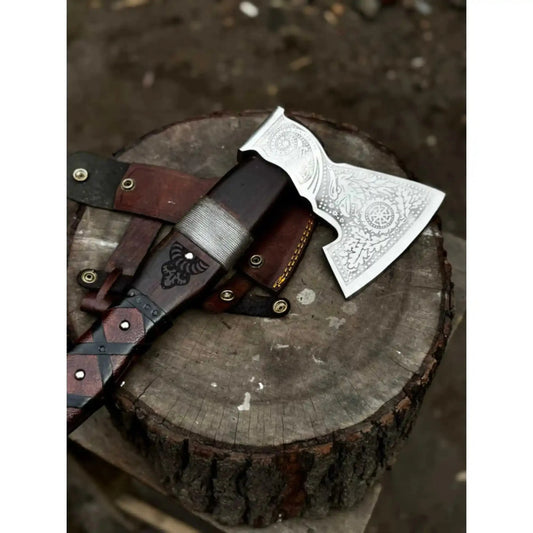Viking Bearded Axe with Norse Engraved Blade and Leather Sheath