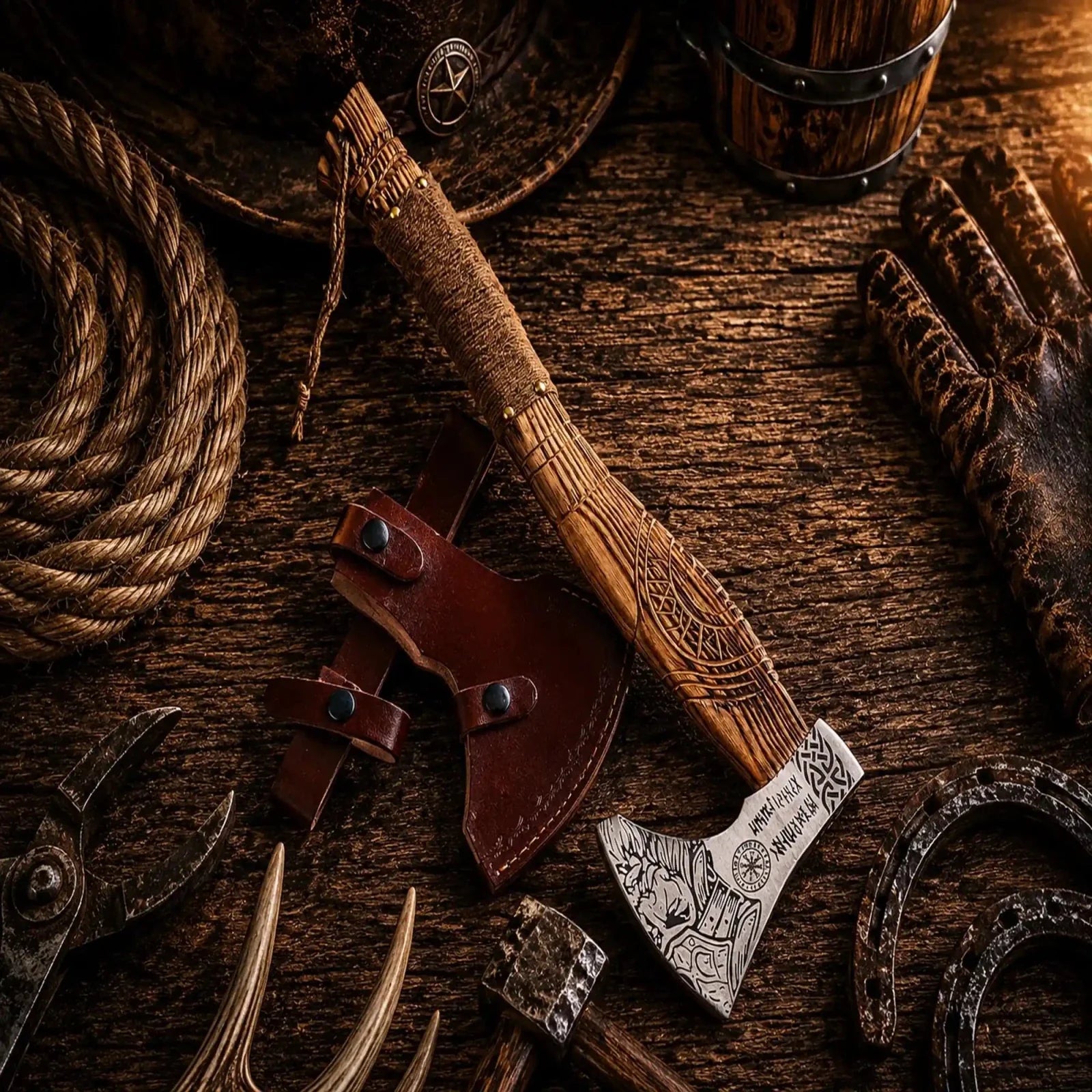 Viking Berserker Battle Axe – Hand Forged Norse Axe with Carved Ash Wood Handle