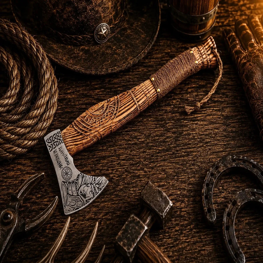Viking Berserker Battle Axe – Hand Forged Norse Axe with Carved Ash Wood Handle