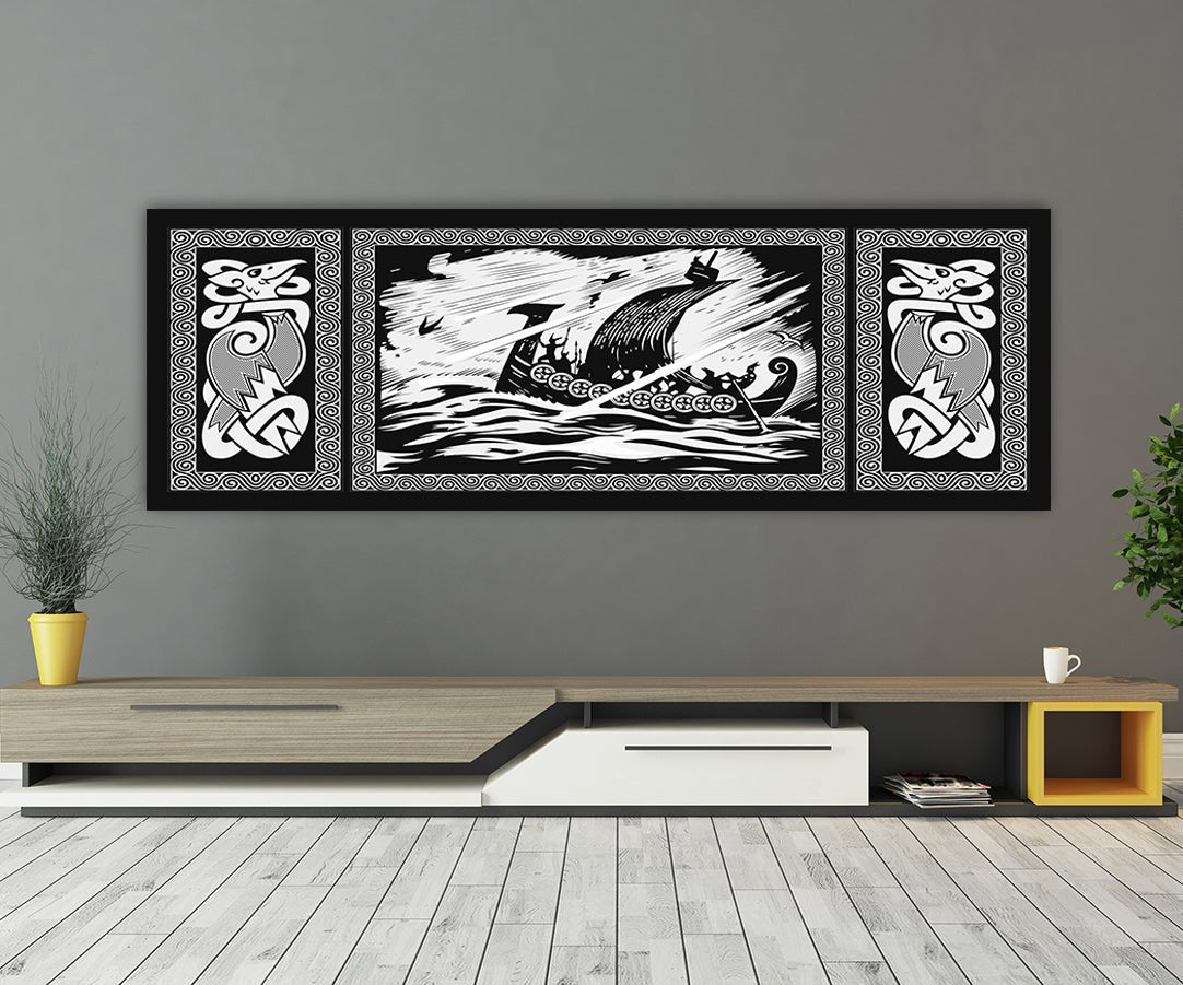 Viking Drakkar Dragon Ship Sailing Stormy Sea Canvas Wall Art, Viking Decor
