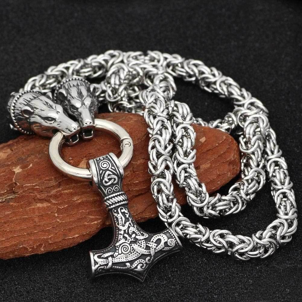 Vikings Bear Head Mjolnir Stainless Steel Necklace - 50 CM / 20 INCHES
