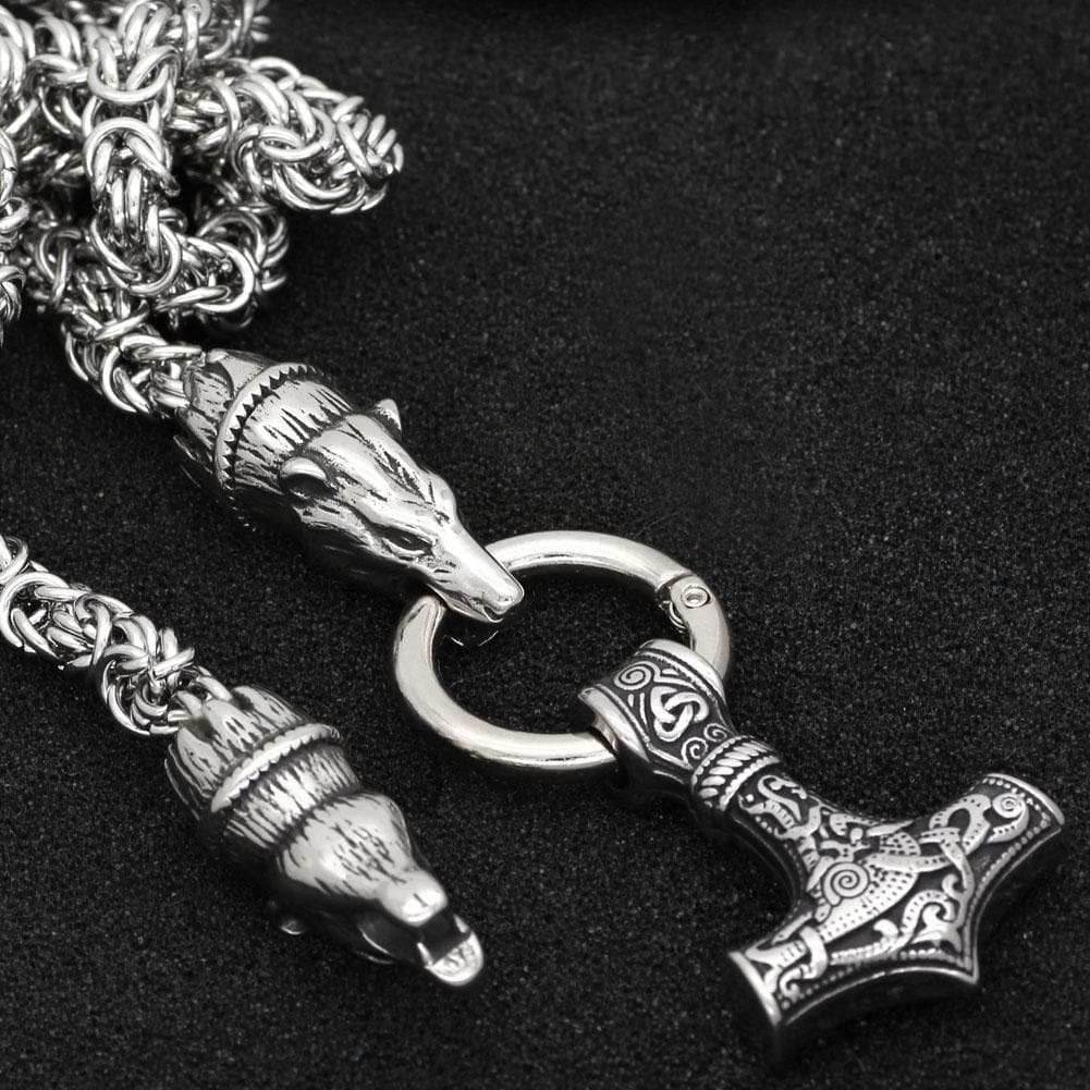 Vikings Bear Head Mjolnir Stainless Steel Necklace - 50 CM / 20 INCHES