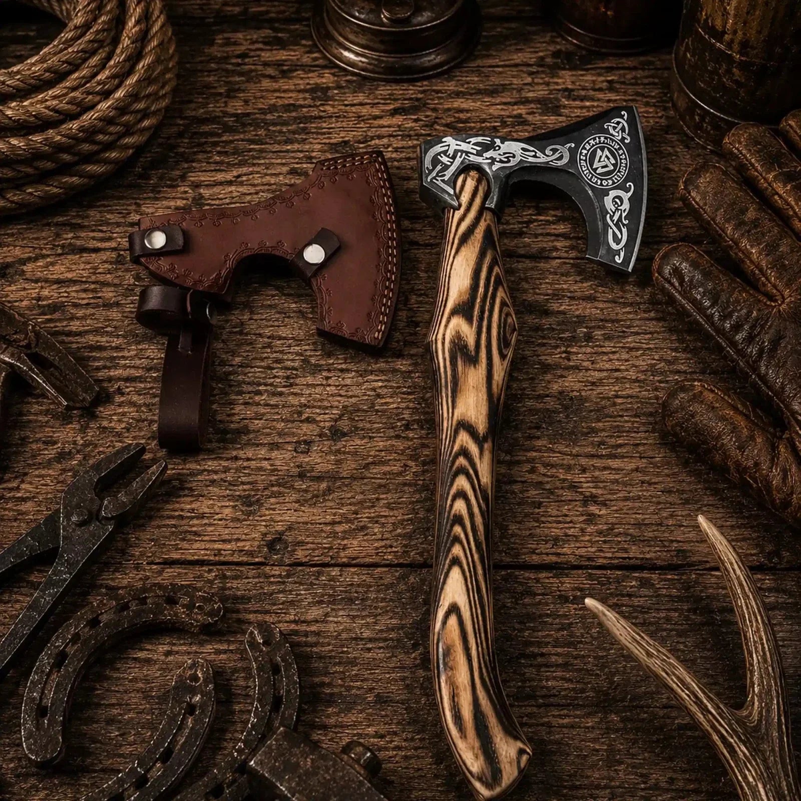Viking Rune Engraved Bearded Hatchet – Burnt Ash Wood Handle