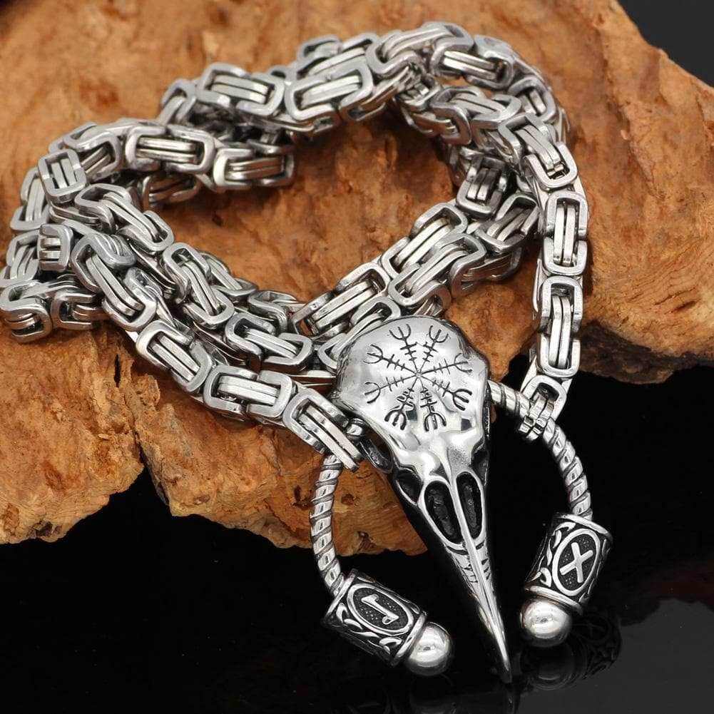 Vikings Runic Raven Skull King Chain Stainless Steel Necklace - 50 CM / 20 Inches