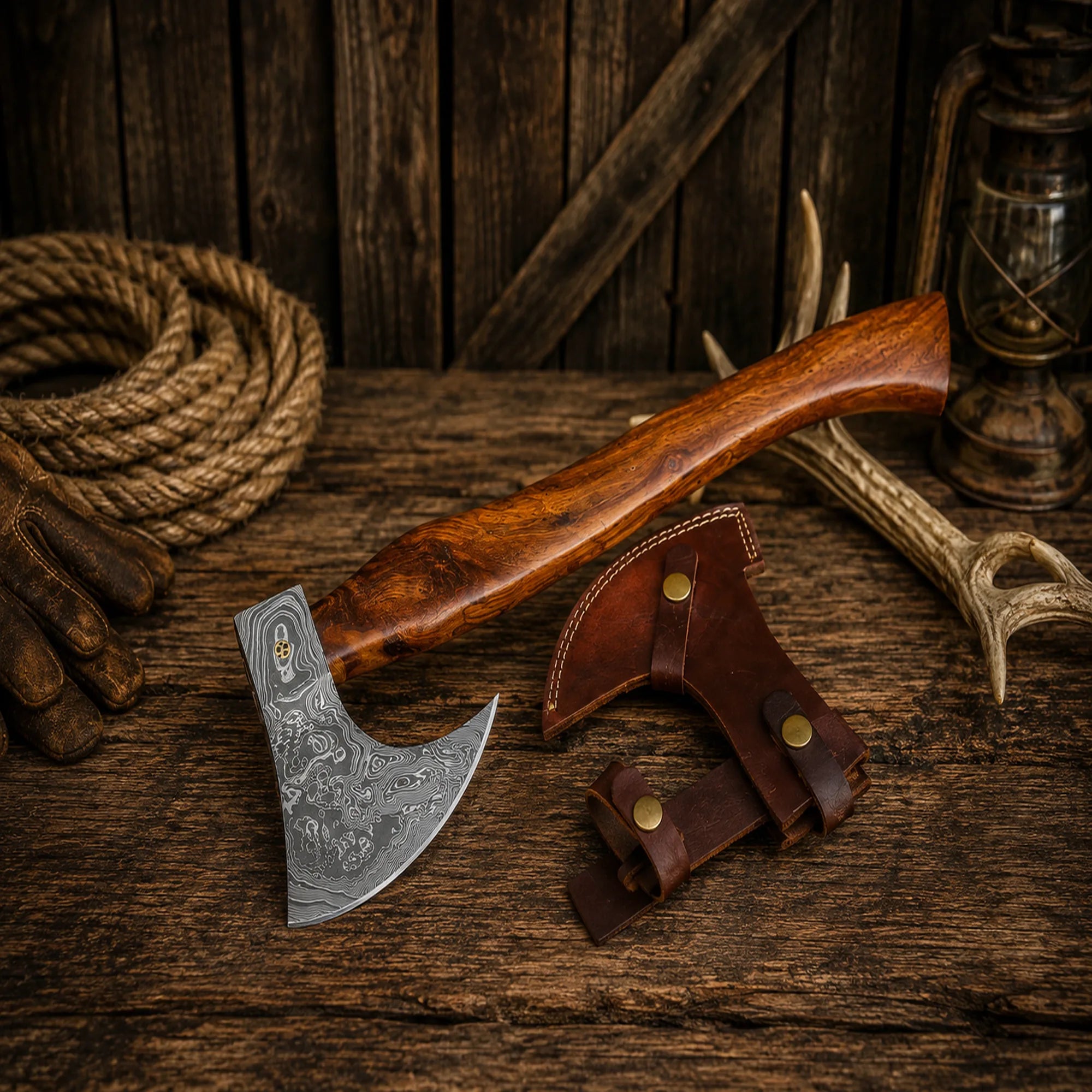 Viking Style Damascus Steel Axe with Leather Sheath & Rosewood Handle