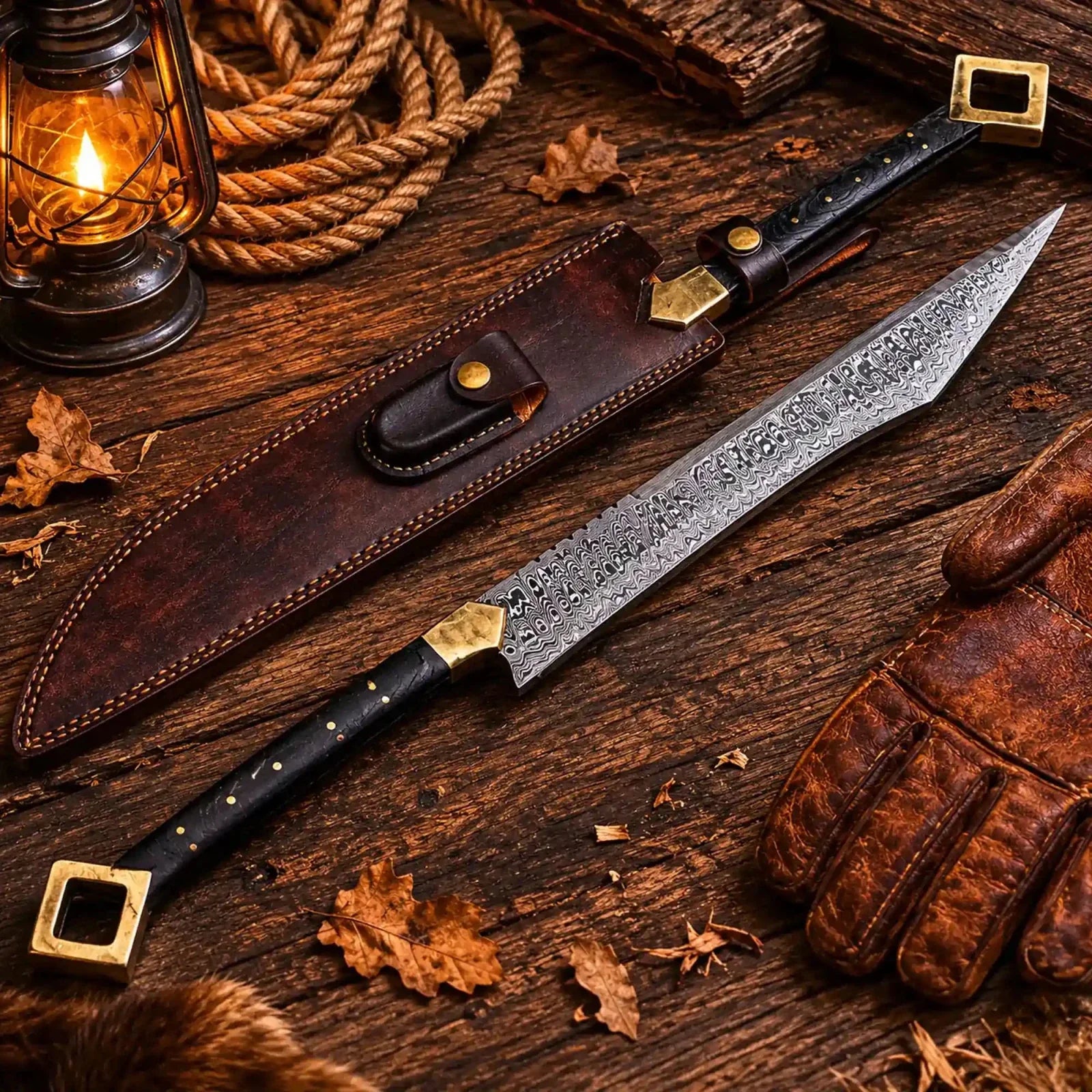 Viking Sword Damascus Steel Hand Forged with Leather Sheath