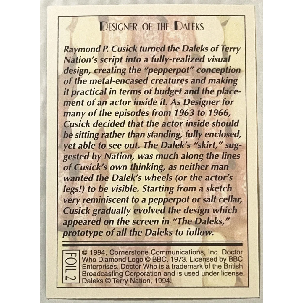 🛸 Vintage 1994 Doctor Who Daleks Foil Trading Card — Card 2 of 6
