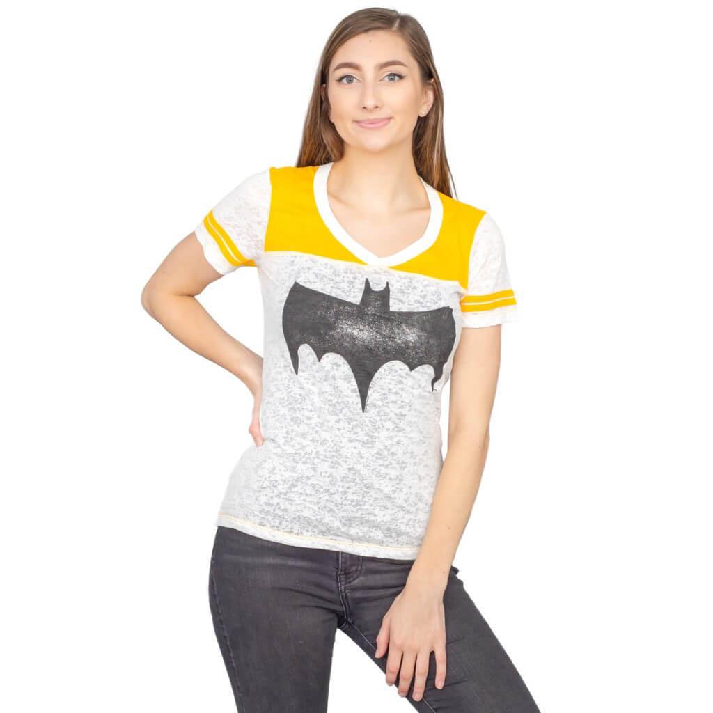 Vintage Batman Logo Juniors Burnout T-shirt with Striped Sleeves