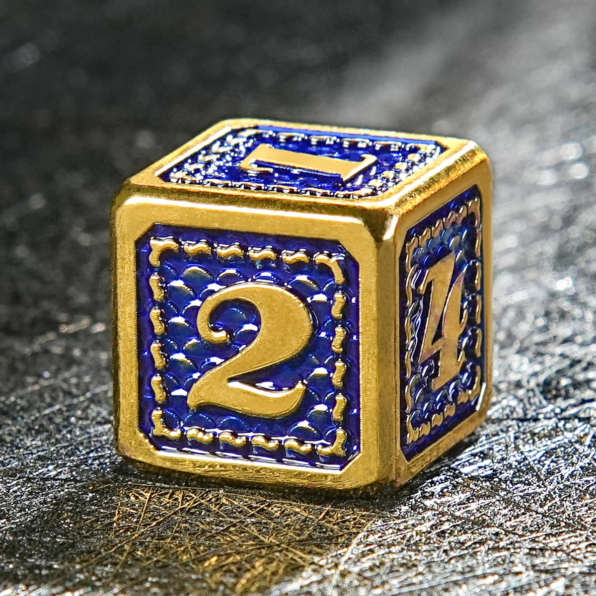 Vintage Luxury: Gold Blue Dragon Scale Metal DND Dice Set