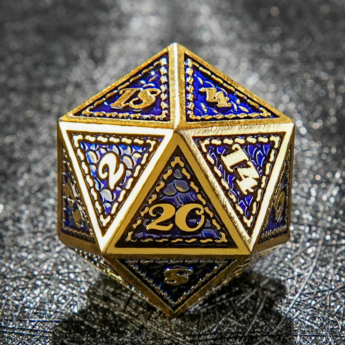 Vintage Luxury: Gold Blue Dragon Scale Metal DND Dice Set