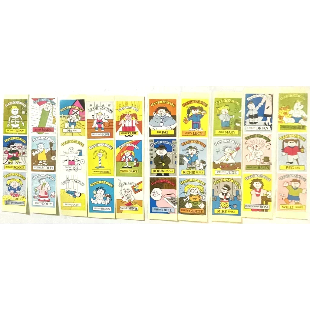 Vintage 1980s Trash Can Tots Complete Series Stickers 🗑️ NOS Vending Set, 10 Strips / 30 Characters