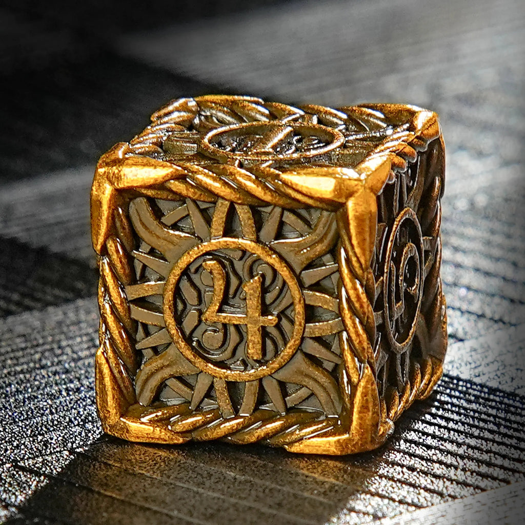 Vintage Sun Pattern Antique Gold Solid Metal RPG Dice Set