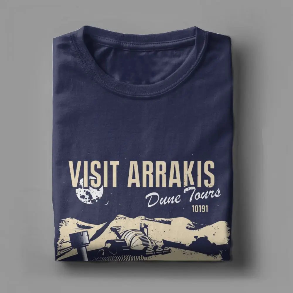 Visit Arrakis Dune T-Shirts for Men Science Fiction Novel Atreides Arrakis Harkonnen 100% Cotton Tee Shirt Short Sleeve T Shirts