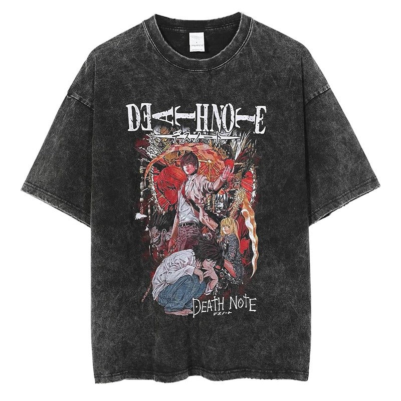 Washed retro men's short-sleeved t-shirt summer anime peripheral printed loose t-shirt for men