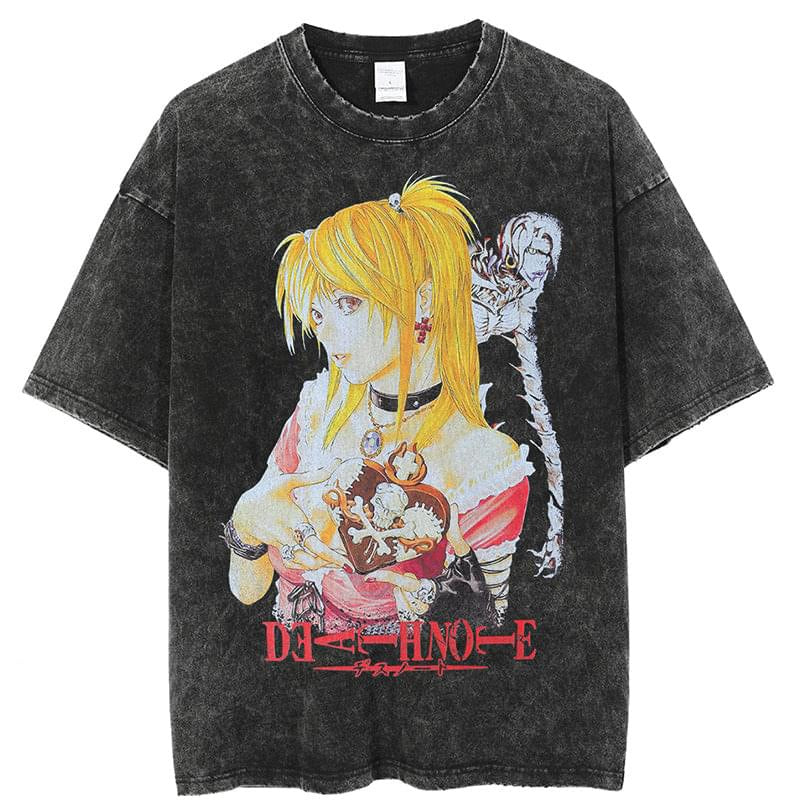 Washed retro men's short-sleeved t-shirt summer anime peripheral printed loose t-shirt for men