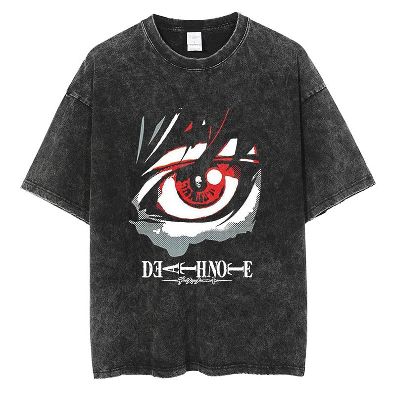 Washed retro men's short-sleeved t-shirt summer anime peripheral printed loose t-shirt for men