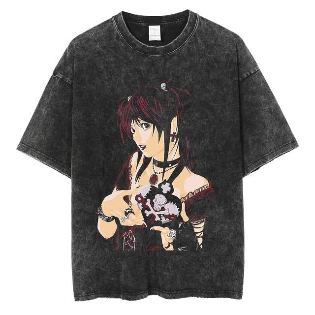 Washed retro men's short-sleeved t-shirt summer anime peripheral printed loose t-shirt for men