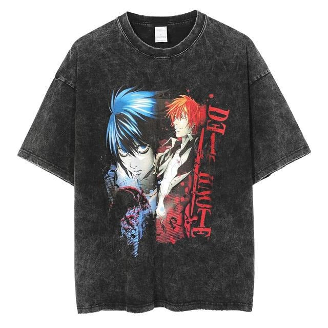 Washed retro men's short-sleeved t-shirt summer anime peripheral printed loose t-shirt for men