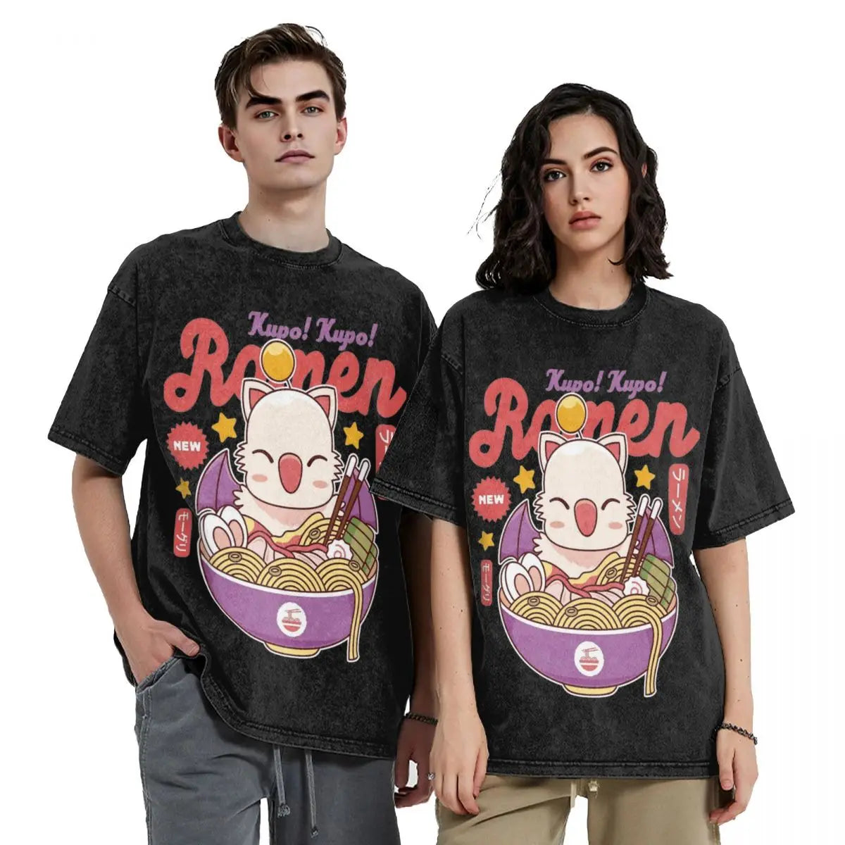 Washed T Shirt Moogle Kupo Ramen Game Final Fantasy XIVT Hip Hop Cool T-Shirts Oversize Streetwear Graphic Tee Shirt Men Women