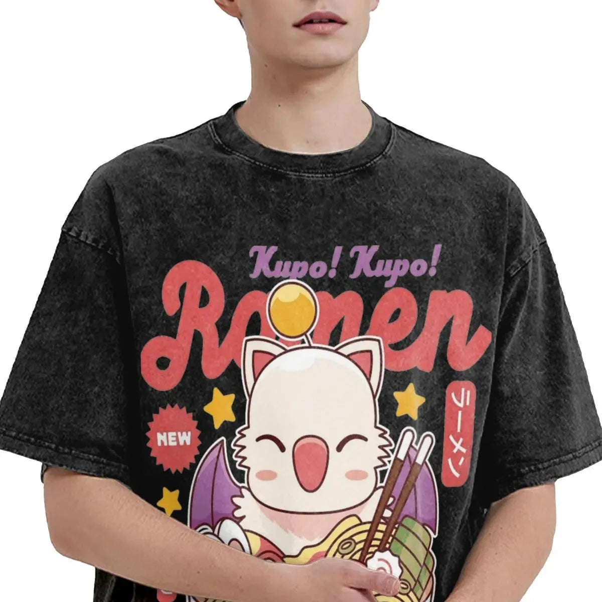 Washed T Shirt Moogle Kupo Ramen Game Final Fantasy XIVT Hip Hop Cool T-Shirts Oversize Streetwear Graphic Tee Shirt Men Women