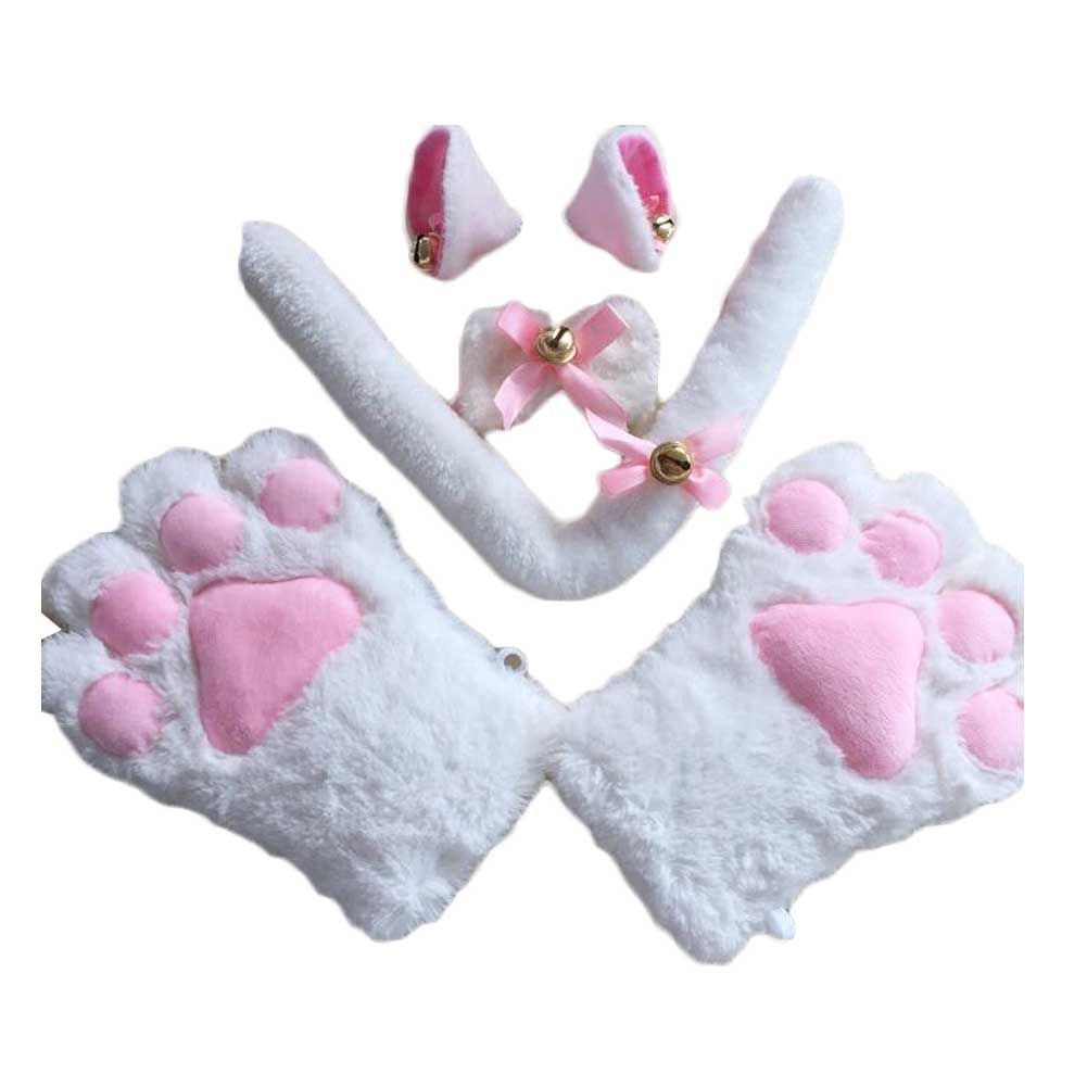 White Cat Cosplay Costume Set Cat Tail Ears Hair Clips Plush Bell Bow Tie Cat Paws Gloves Anime Halloween Costume Dress Up