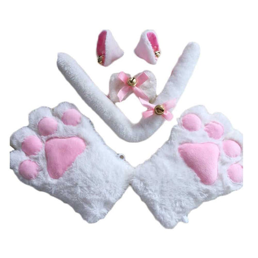 White Cat Cosplay Costume Set Cat Tail Ears Hair Clips Plush Bell Bow Tie Cat Paws Gloves Anime Halloween Costume Dress Up