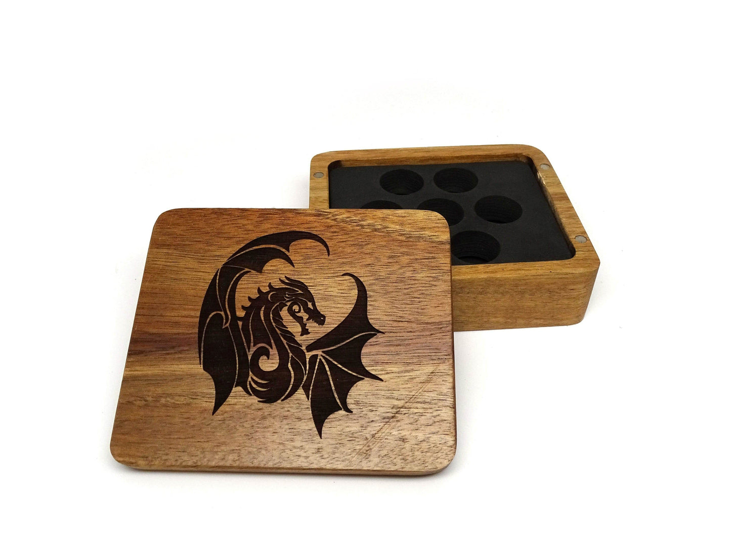 Winged Dragon Wooden Dice Case - Acacia Wood