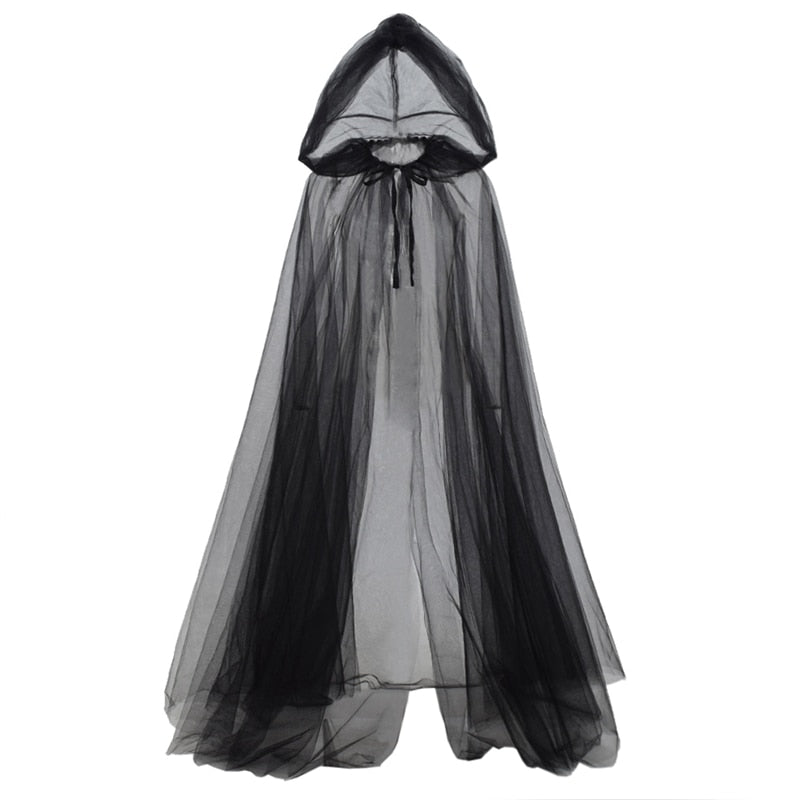 Witch Costume Elf Cloak Women Halloween Hooded Tulle Cape Cosplay