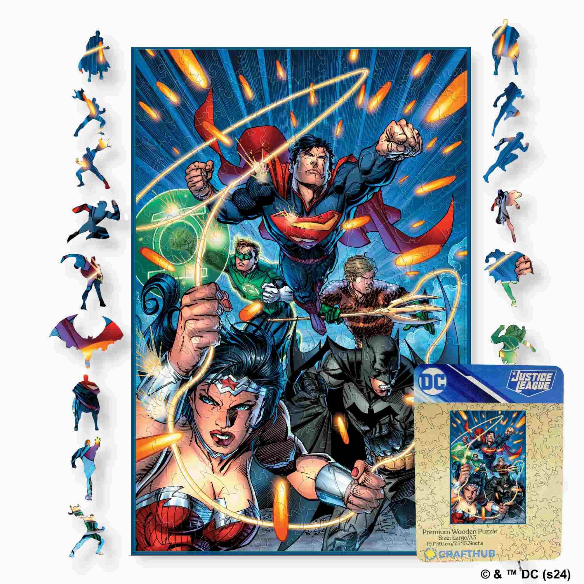 Justice League Heroes Assemble - The Battle Begins Wooden Jigsaw Puzzle - A4 + Wooden Gift Box