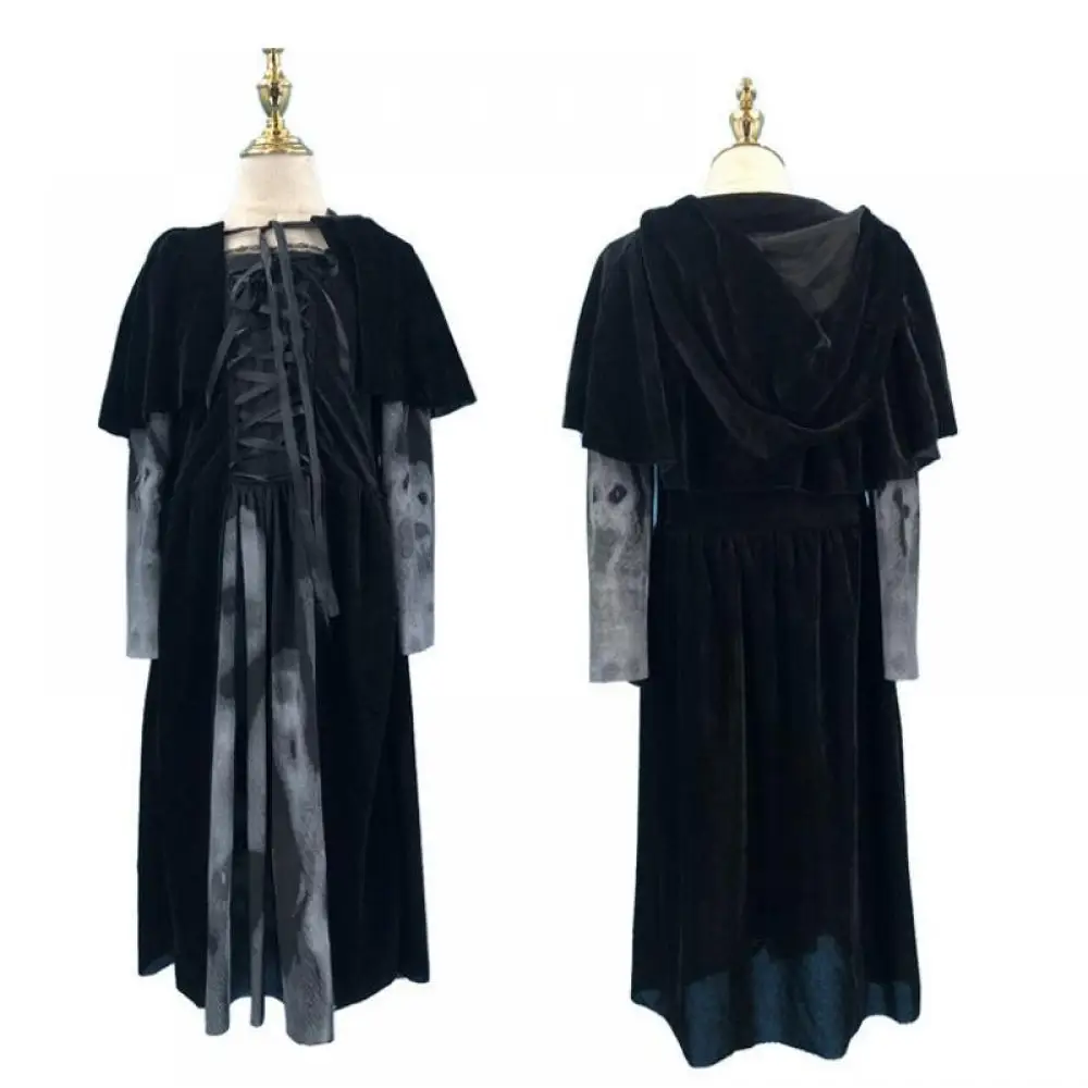 Halloween Women Medieval Gothic Witch Maleficent Horror Scary Cosplay Costume Carnival Party Ghost Long Black Hooded Dress