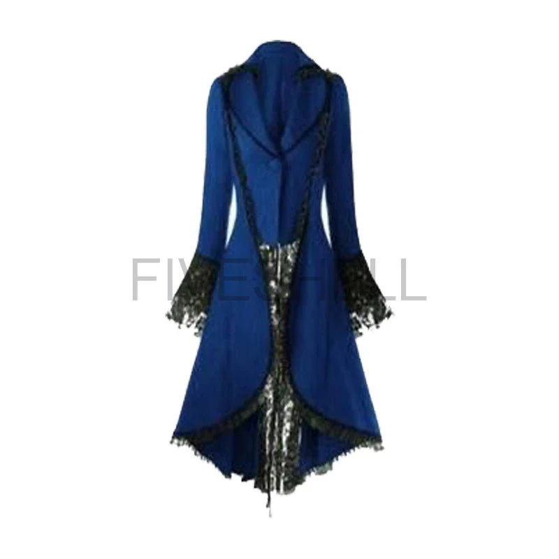 Women Medieval Steampunk Victorian Style Gothic Jacket Noble Court Retro Dress Halloween Costume Lace Trim Lace-up High Low Coat