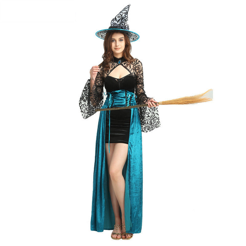 Women's 3Pcs Witch Costume Blue Long Sorceress Dress