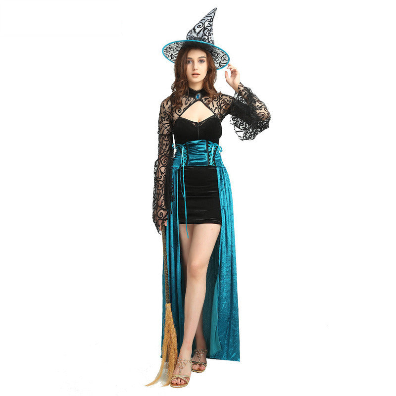 Women's 3Pcs Witch Costume Blue Long Sorceress Dress