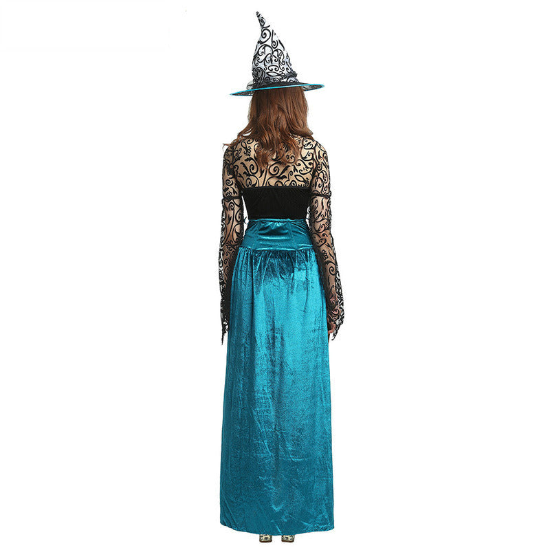 Women's 3Pcs Witch Costume Blue Long Sorceress Dress