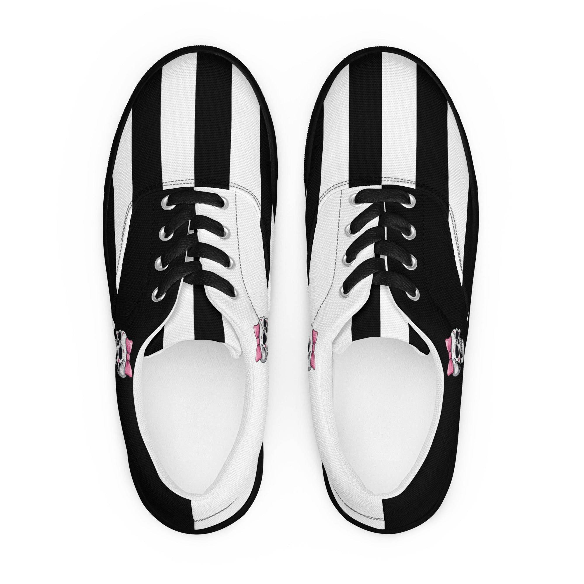 Black and White Girly Skull with Pink Bow Women’s Lace-up Canvas Shoes - 5