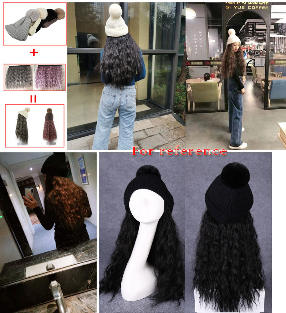 Womens Winter Knit Hat with Natural Black Synthetic Long Curly Corn Wave Hair Attached Wig Cap