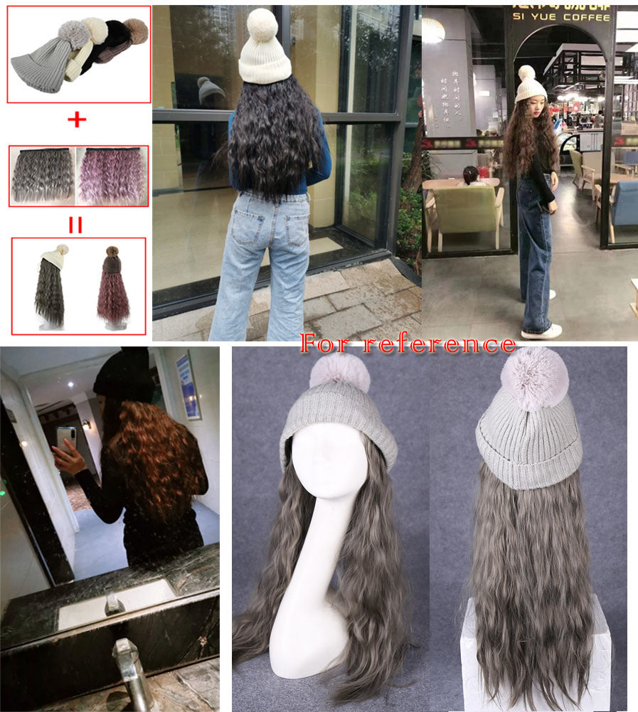 Womes Grey Winter Knit Hat with Ombre Grey Synthetic Long Curly Corn Wave Hair Attached